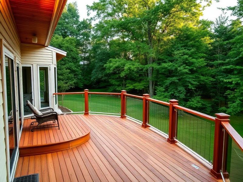 Wrap-around cedar deck with custom glass railing overlooking a lush yard