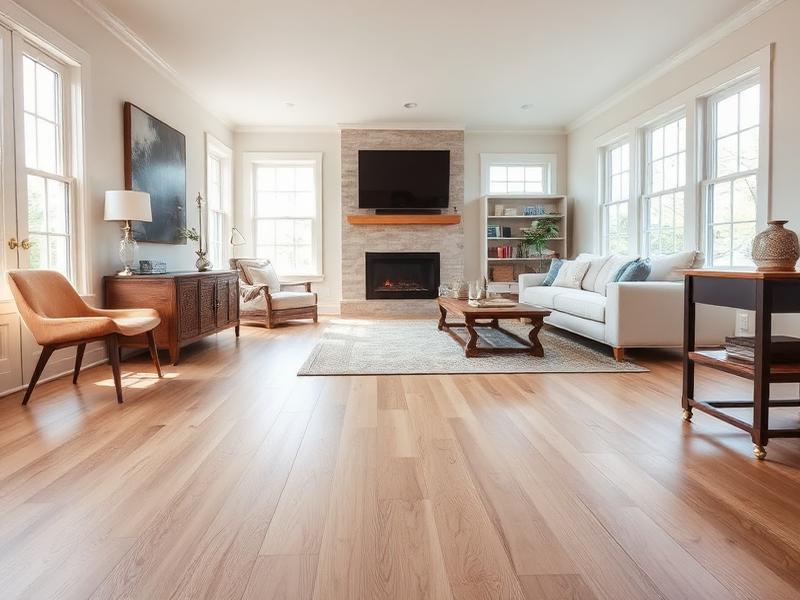 Wide plank white oak flooring installed in a light-filled living room