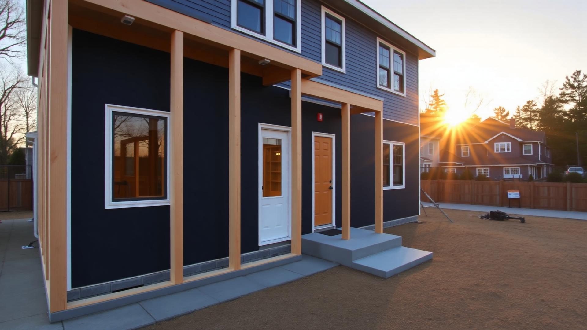 A freshly framed residential addition at golden hour in Massachusetts