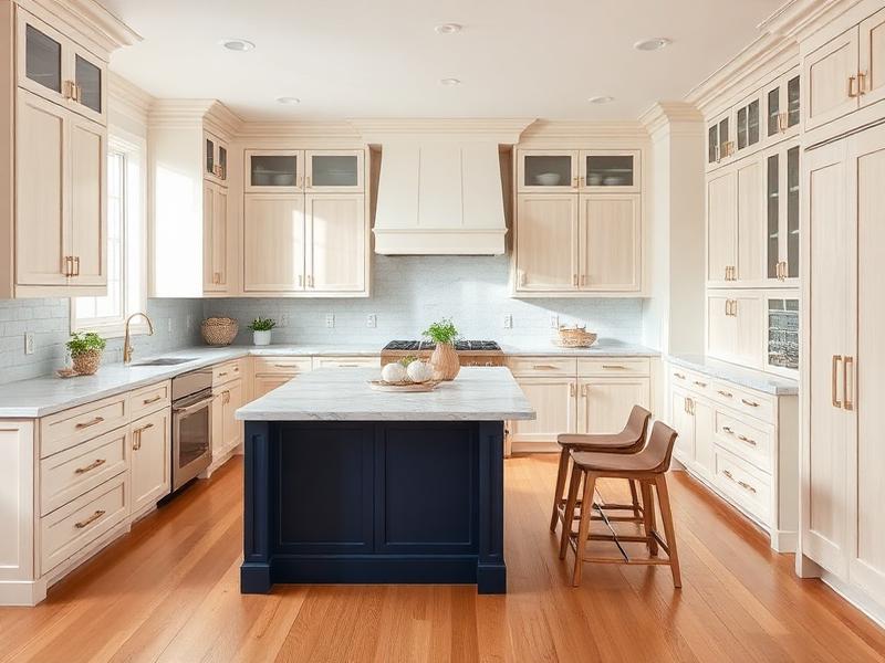 High-end modern kitchen with white oak cabinetry and marble countertops